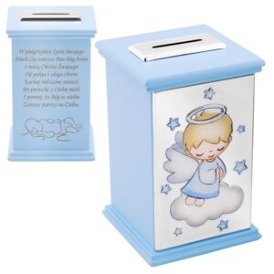 Skarbonka aniołek niebieska na chrzest z grawerem laserowym