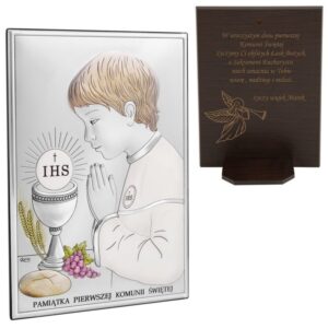 Obrazek srebrny 13x18 chłopiec pamiątka na I Komunię Św. Grawer