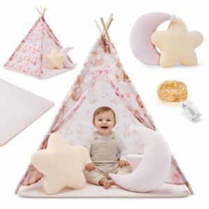 Tipi - namiot dla dziecka do pokoju z dywanem, poduszkami i światełkami LED - 135cm, różowy
