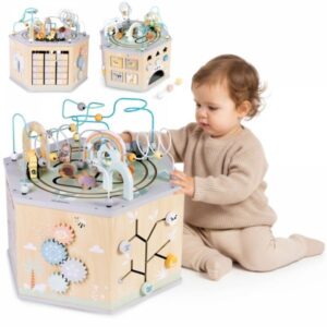 Duża Drewniana Kostka Edukacyjna - zabawka Montessori z magnetyczną kolejką i pętlami motorycznymi