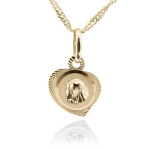 Na Chrzest Złoty medalik serduszko 585 Matka Boska, ręcznie wykonany