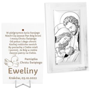Na chrzciny: obrazek Święta Rodzina na białym drewnie z grawerem