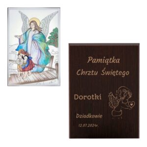 Kolorowy posrebrzany obrazek Anioł Stróż na Chrzest z grawerem