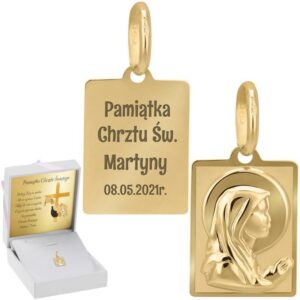 Chrzest: złoty medalik Matka Boska 585 z grawerem, różowa wstążka
