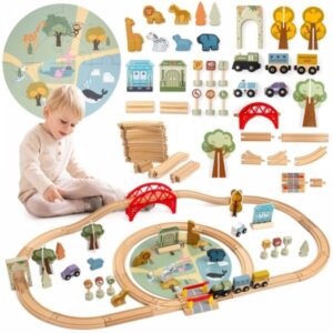 Drewniana kolejka ZOO – puzzle, pociąg, tory, zwierzęta, most, szlaban