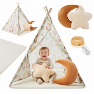 Tipi - namiot dla dziecka do pokoju z dywanem, poduszkami i światełkami LED - 135cm