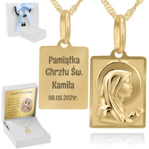 Na Chrzest prostokątny medalik Matka Boska 585 z grawerunkiem