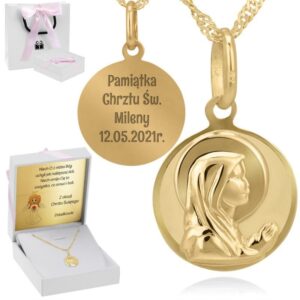 Chrzest: złoty okrągły medalik Matka Boska 585 z grawerem