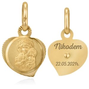 Złoty medalik serce Częstochowska 585 z grawerem na Chrzest