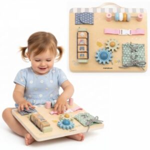 Drewniana tablica manipulacyjna Montessori dla dzieci – Rozwój Sprawności Manualnej – koła zębate, zapięcia, sznurowanie