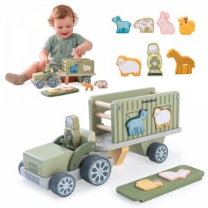 Drewniany traktor z przyczepą i zwierzątkami - sorter kształtów - farma
