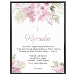 Komunia dziewczynki – plakat z kwiatkami i plexi personalizowany