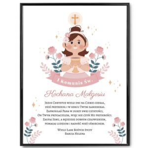 Plakat na Komunię dla dziewczynki z dedykacją i ramką z plexi