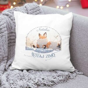 Zimowa poduszka na gwiazdkę z liskiem i personalizacją imienia