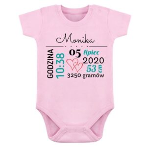 Na roczek różowe body niemowlęce z personalizowanym nadrukiem