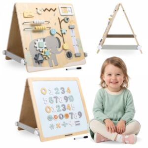 Dwustronna drewniana tablica edukacyjna 2w1 – magnetyczna i manipulacyjna Tablica sensoryczna Mamabrum