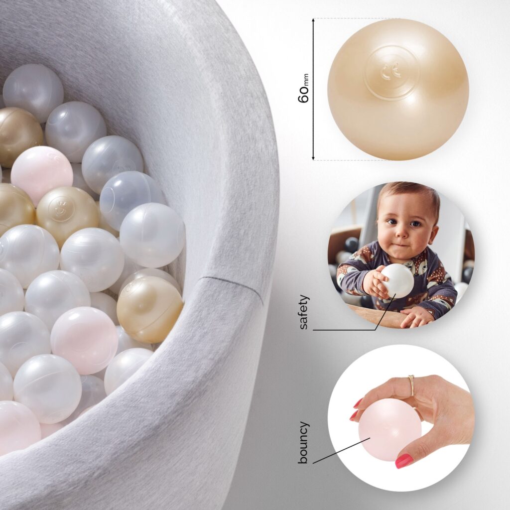 MISIOO Piłki do suchego basenu, 6 cm, zestaw 200 szt: perłowe, złote, jasno różowe