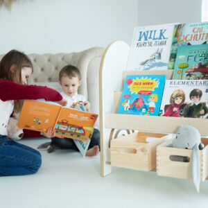 Biblioteczka Montessori Tęcza, drewniany regał na książki i zabawki, organizer