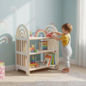 Regał Montessori z półkami i frezowanym motywem tęczy