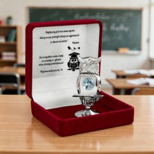 Posrebrzana figurka Sowa z turkusowym kryształem i dedykacją