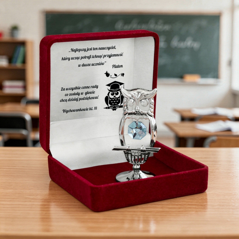Posrebrzana figurka Sowa z turkusowym kryształem i dedykacją