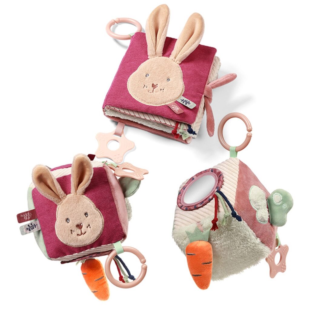 Zestaw zabawek sensorycznych Rabbit Karo – miękka kostka i książeczka